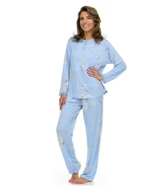Flora Nikrooz 2-Piece Long Sleeve Henley Pajama Set Large 10/12